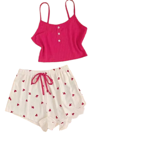 Pijama de encaje para mujer, conjunto de tres piezas dulce y lindo para primavera y verano, transpirable, con pantalones cortos de tirantes altos, sexy para el hogar. - Product Image 3
