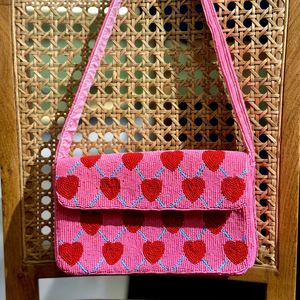 Handmade Polyester Embroidery <b>Pink</b> Rectangular Handbag with Red Hearts Blue Lattice Washable for Valentine'S Day - Product Image 1
