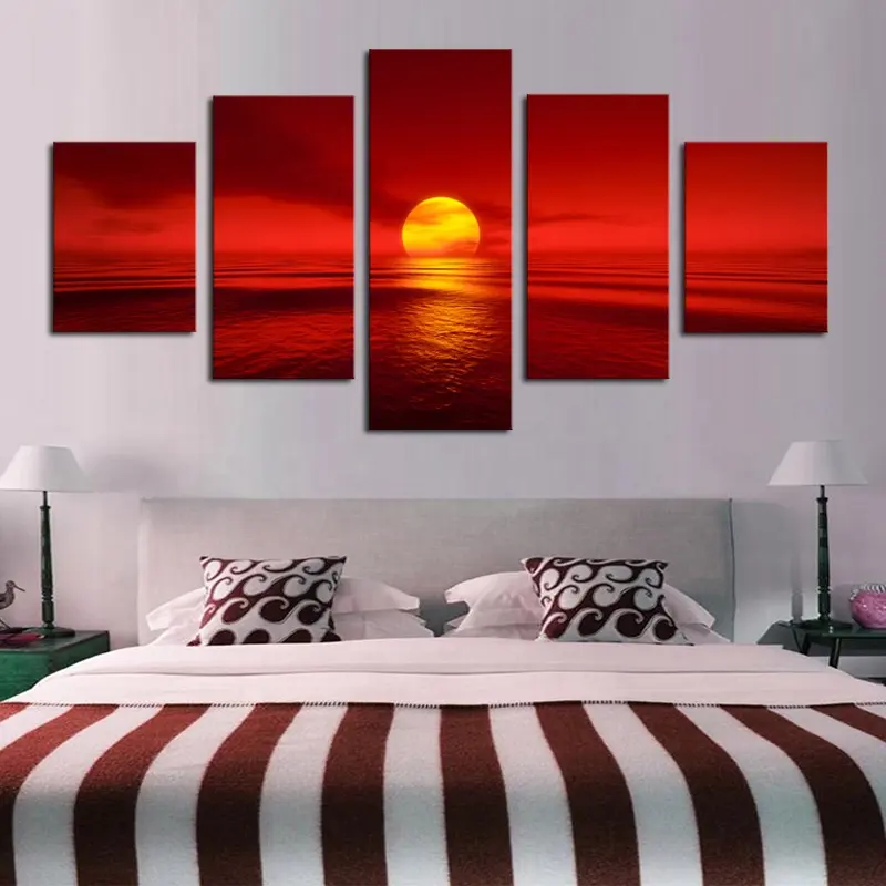 Modulaire Home Decor 5 Stuks Zonsondergang Rode Zon Zee Poster Zeegezicht Natuur Canvas Wall Art Schilderijen