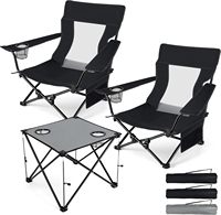 Ensemble de 3 chaises de plage pliantes, chaises de camping modernes noires pliables et table grise, mobilier d'extérieur léger et portable