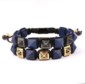 New design natural stone blue lapis and diamond pyramid shaped macrame men bracelet