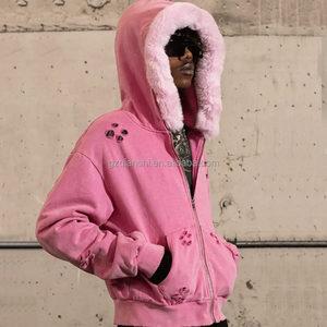 Hochwertige benutzer definierte bestickte Winter Zip Jacke Distressed Cropped Zipup Hoodies Schwere Unisex Pelzmütze Ripped Zip Up <span class=keywords><strong>Hoodie</strong></span> - Product Image 2