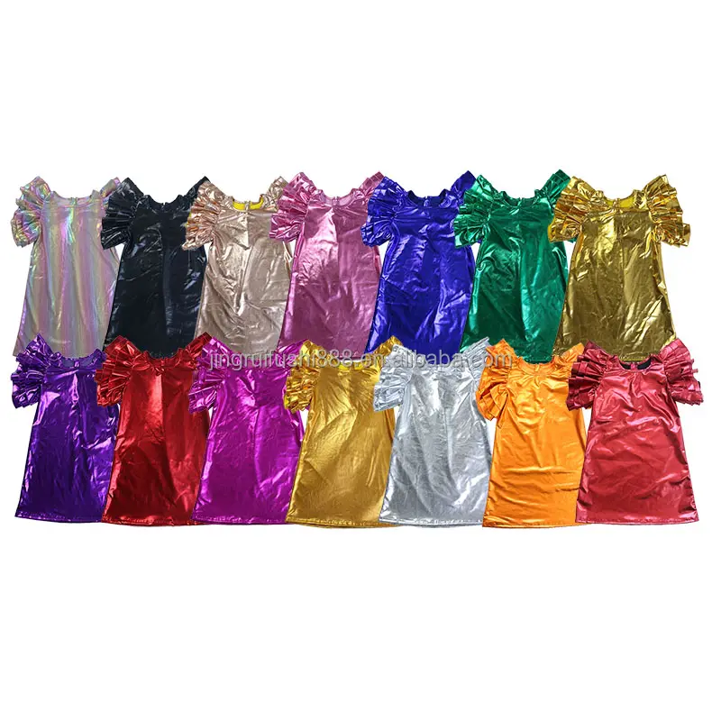 Boutique Multicolor Metallic Stof Baby Meisjes T-Shirt Jurk Fladderende Mouw Mode Baby Effen Kleur Jurk Met Ritsen