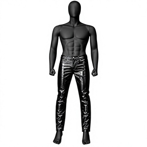 Jean droit pour homme, aspect cuir noir, taille haute, coupe slim, style décontracté, couleur unie, tissu tissé respirant, taille moyenne - Product Image 1
