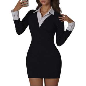 เดรสสั้นแขนยาวสไตล์ Y2K สำหรับผู้หญิง คอปกเข้ารูปทรงบอดี้คอน เหมาะสำหรับใส่ไปเที่ยวคลับ คอเหลี่ยมตัดสี ผ้าเจอร์ซีย์ - Product Image 2