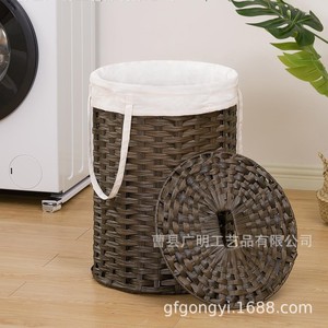 Panier de rangement rond en osier tressé à la main avec couvercle pour la lessive, la salle de bain, organisateur anti-poussière - Product Image 3