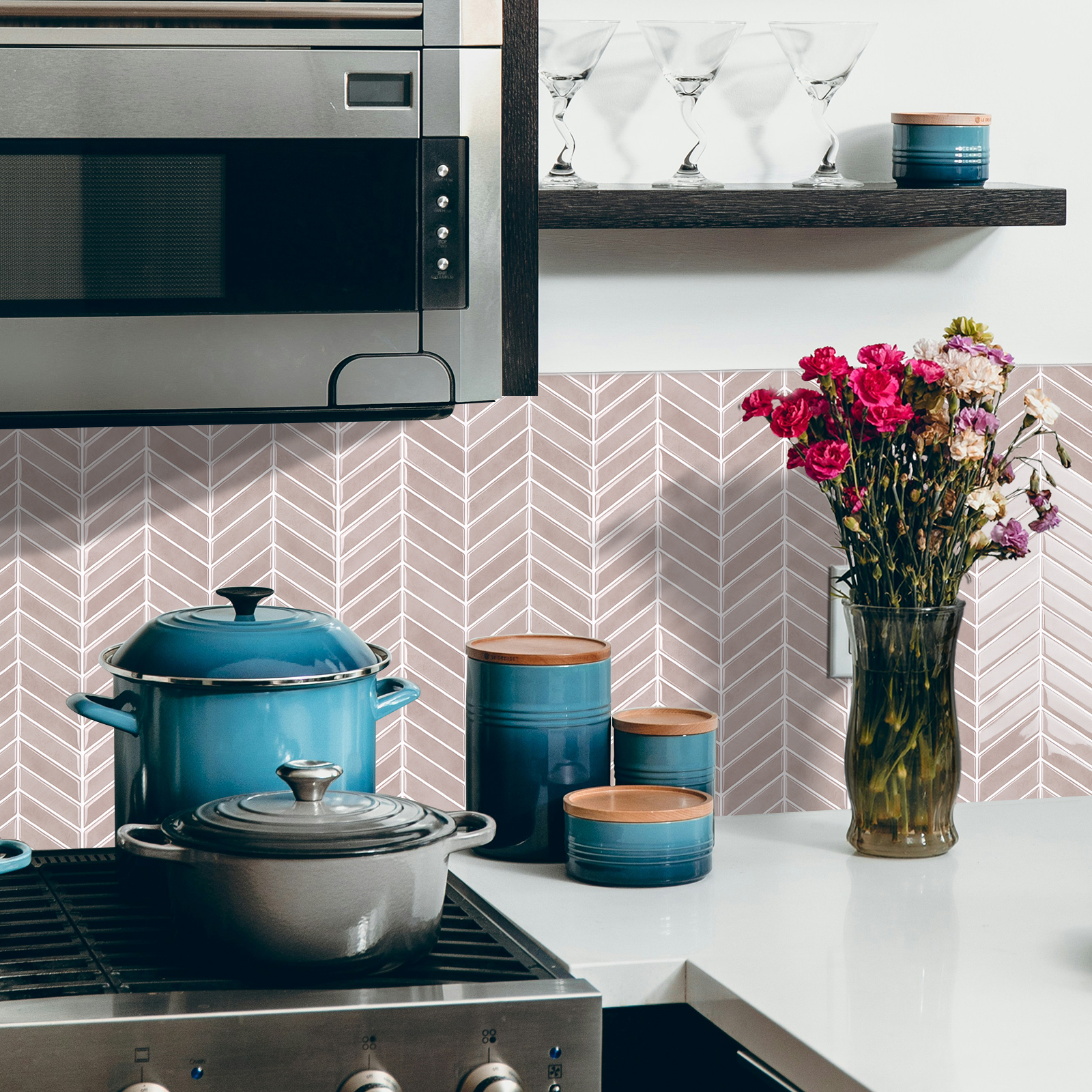 tile peel and stick pink herringbone
