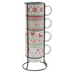 Ensemble de tasses à thé au lait en porcelaine couleur personnalisée, 4 tasses à café en céramique empilables avec motif pingouin de Noël, support métallique thermique - Product Image 6