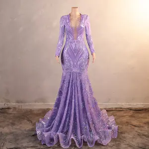 Sexy Deep V-Neck Long Sleeves Evening Gown Luxury Chic Purple Elegant Formal Dresses Evening