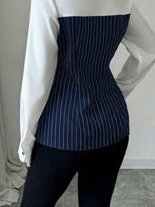 T26551 Camisa Casual Feminina de Manga Longa Listrada Slim-fit para Outono, Blusa de Tecido Stretch de Alta Qualidade para Mulheres - Product Image 5