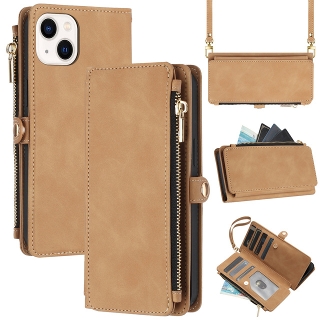 Wallet Phone Case for IPhone 15 14 13 12 11 Pro Max Card Slot Lanyard Diagonal Zipper Bag Anti Drop Leather Case Wholesale