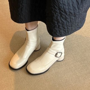 Bottines à talon bloc extensible et polyvalentes en cuir véritable 2026 avec boucle, design élégant pour femme - Product Image 3