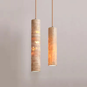<span class=keywords><strong>Suspension</strong></span> en pierre jaune marbrée naturelle personnalisée Luminaire suspendu à long tube Lampe suspendue en travertin Wabi Sabi - Product Image 1