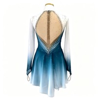 Robe de patinage artistique à manches longues dégradé bleu et blanc, ornée de strass et de mailles, pour compétition et spectacle (adultes et enfants)
