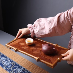 Chinese Style Rectangular Bamboo <b>Tea</b> <b>Tray</b> With Woven Design For <b>Tea</b> Serving And Storage Table Use - Product Image 1
