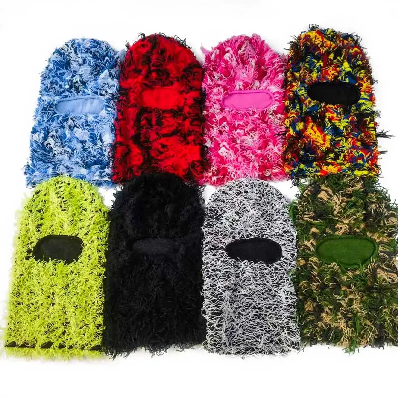 Máscara de esquí facial de punto completo para hombre reactiva al calor Un agujero de punto logotipo personalizado peludo Grassy Beanie pasamontañas desgastado personalizado máscara de esquí