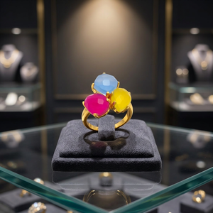 Bague en pierre précieuse plaqué or doré avec de belles boucles d'oreilles en pierres précieuses roses jaunes et bleues pour femme et fille - Product Image 2