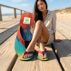 Sandales en chanvre de l'Himalaya fabriquées à la main par des artisans |   Chaussons unisexes durables |   Sandales à lanière unique tissées arc-en-ciel |   Antidérapant - Product Image 2