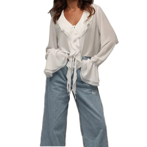 Chemisier blanc en mousseline de soie pour femme, col en V, manches longues, avec volants et nœud sur le devant, coupe ample, décontracté, pour le printemps et l'été - Product Image 1