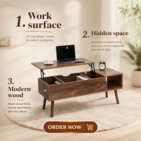 Table basse carrée FONDLIVE en chêne avec plateau relevable, design scandinave moderne en bois, 3 tiroirs, marron classique personnalisé