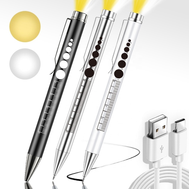 Diagnostic Medical Penlight USB-C Rechargeable Ball Pen with Pupil Gauge & Clip Doctors Nurses Student Warm/White Flashlight