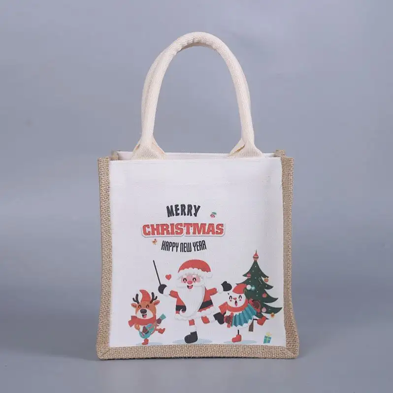 Pabrik Outlet kualitas tinggi Selamat Natal hadiah tas rami alami dilipat dapat digunakan kembali belanja goni tas Tote