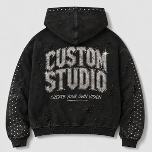 Sweat à capuche zippé OEM 500 g/m² épais, délavage vintage, appliqué graphique en strass, effet vieilli, coupe courte, streetwear, personnalisé pour homme - Product Image 2