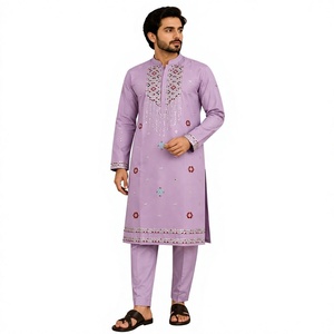 Conjunto de Kurta Morado Tejido con Lentejuelas y Bordado Zari para Niños y Hombres, Ropa de Fiesta, Traje Formal Festivo - Product Image 3