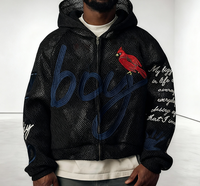 Sweat à capuche unisexe personnalisé pour homme, style rétro, broderie 3D, appliqué, fermeture éclair, respirant, ajouré, vêtement de sport décontracté tendance
