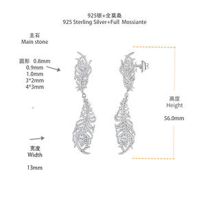 أقراط متدلية بتصميم ريشة طاووس مثلجة vs1 أقراط متدلية من الريش الفضي أقراط مويسانيتي - Product Image 6