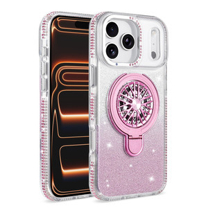 Funda de Teléfono TPU PC con Brillantina y Diamantes Incrustados para <span class=keywords><strong>iPhone</strong></span> 17 16 15 Pro Max con Soporte Giratorio de 360 Grados - Product Image 1