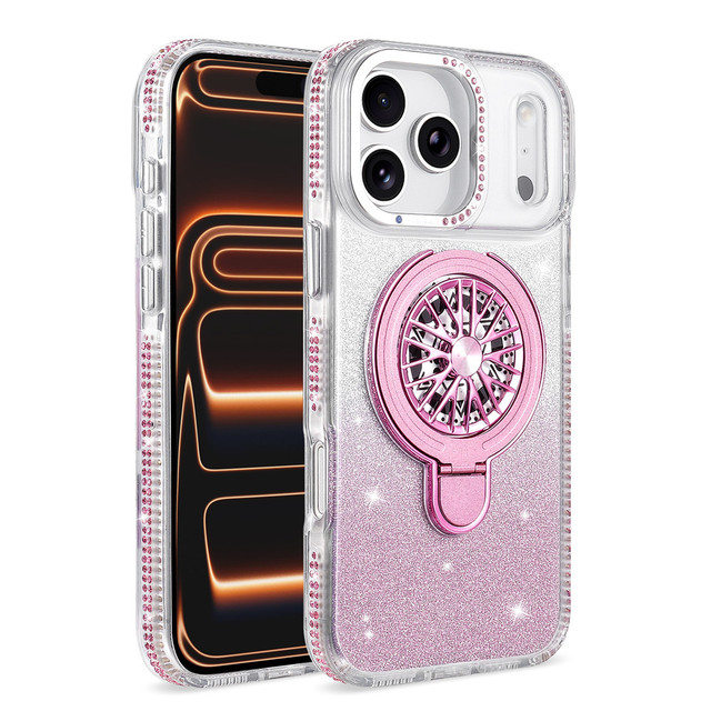 Glitter Diamond-embedded Bling TPU PC Phone Case for iPhone 17 16 15 Pro Max with 360 Rotating Gyroscope Kickstand Phone Cover