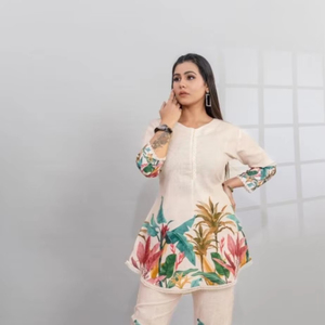 Tissu de qualité supérieure, élégant, finition lin doux, pour vêtements féminins, polyester, imprimé numérique, 100% polyester. - Product Image 1