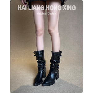 Botas de media pantorrilla estilo western con punta puntiaguda, caña fruncida, correas de doble hebilla y tacón de bloque, calzado casual para mujer, estilo urbano - Product Image 2