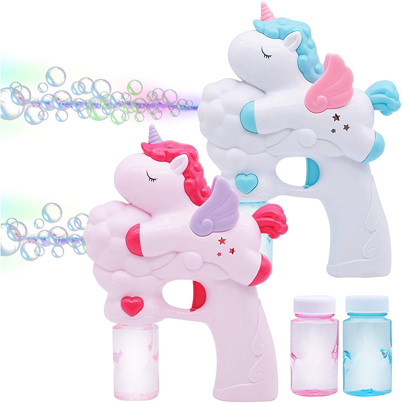 Joellfuner Pistolet à Bulles Licorne LED – Machine Automatique Avec Dix Sachets De Solution – Jouet D'Été Intérieur/Extérieur – Cadeau Enfant 3-12 Ans
