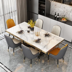 Ensemble <span class=keywords><strong>de</strong></span> table à manger rectangulaire en pierre frittée écologique au design moderne simple, 6 <span class=keywords><strong>chaises</strong></span>, pieds en acier carbone doré pour le salon - Product Image 2