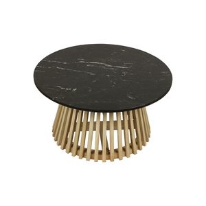 Mesa de Centro Moderna Redonda con Tapa de Mármol Negro y Base de Madera con Listones, Mesa de Salón de Lujo, Duradera y Elegante - Product Image 3