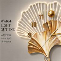 Horloge murale en forme de feuille de Ginkgo, en porcelaine cristalline, en forme d'éventail, dorée, décorative, analogique, pour le salon, la salle à manger, la décoration d'hôtel