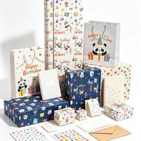 Papier d'emballage d'anniversaire épais avec motif panda mignon, emballage cadeau personnalisé, 80 g/m², recyclable, sac cadeau assorti, étiquette suspendue, carte de vœux, fête d'enfants