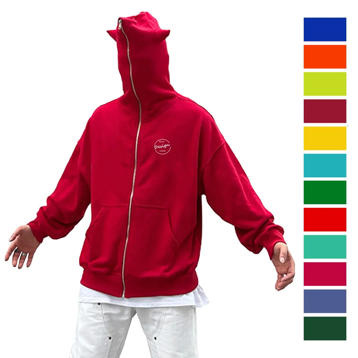 Grosir Hip Pop Street Wear Hoodie Pria Cetak Layar Bulu Domba Logo Kustom Warna Merah Wajah Penuh Ritsleting Longgar Hoodie Tanduk Setan