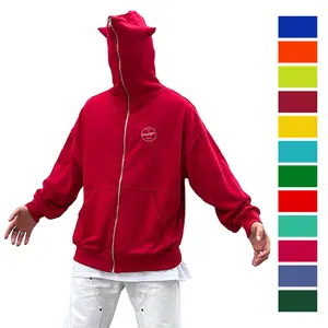 Großhandel Hip Pop Street Wear Herren Fleece Siebdruck Logo Hoodie Benutzer definierte rote Farbe Voll gesicht Reiß verschluss Loose Devil Horn Hoodie