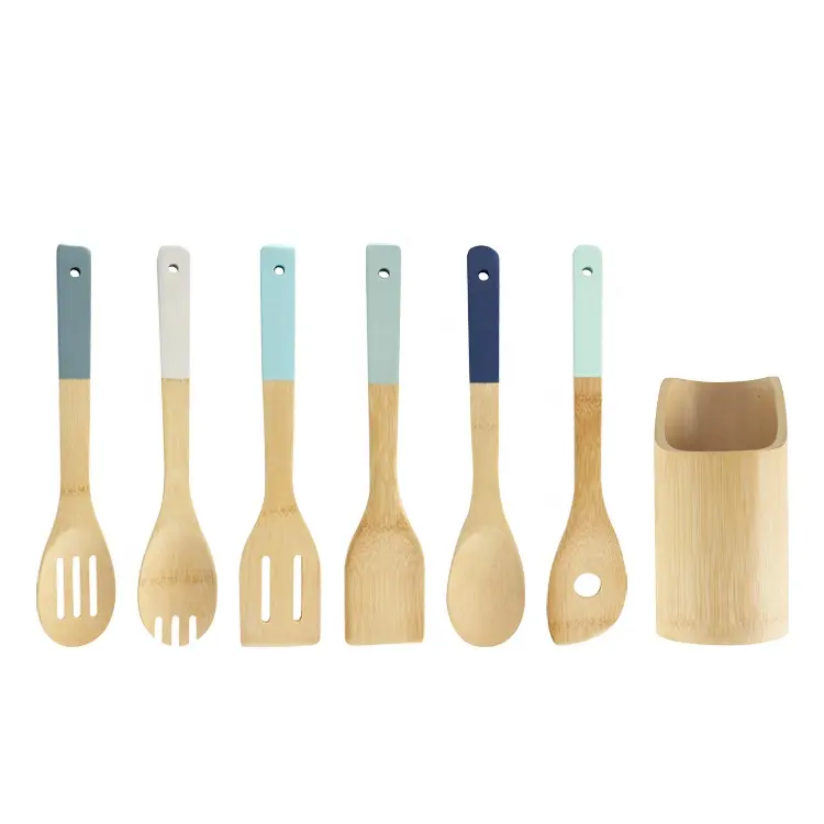 Maisons Amazon Hot Selling Kitchen Tool 9pcs Utensil With Holder Bamboo Spatula Spoon Set