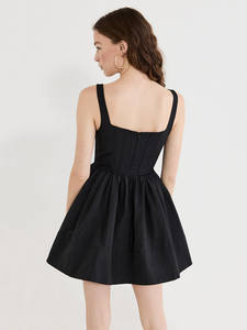 Robe Courte Vintage ODM pour Femme, Style Rétro Français, Col Carré, Ceinturée à la Taille, Style Balletcore, Coupe Hepburn, Noire Unie, à Bretelles - Product Image 5