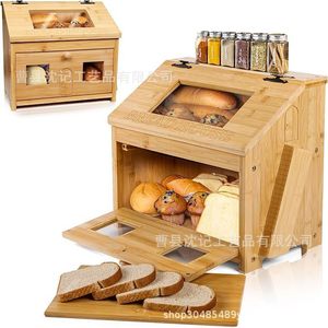 <b>Bread</b> Storage Box Double Layer Flip Top With <b>Knife</b> Holder Desktop <b>Bread</b> Display Cabinet Solid Color Rectangle - Product Image 1