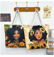Sac fourre-tout de rangement noir grande capacité Yuanchuang Afrique de l'Ouest, en toile, fait main, avec fermeture éclair, motif dessin animé coloré