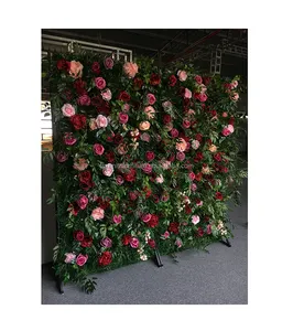 真触摸人造丝花卉背景窗帘红白玫瑰3D卷起花墙背景面板