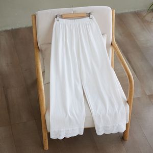 Cotton Linen Wide Leg Pants Loose Cropped With Lace Trim Women Spring Summer Casual Breathable Solid Color Apricot White - Product Image 4