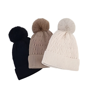 Bonnet en tricot unisexe avec pompon gris, décontracté, hiver, fait main, laine, chaud, doux, ajustable, extensible, adulte, 56-58CM - Product Image 3