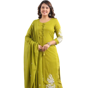 Conjunto de Kurti, Pantalón y Dupatta Rectos para Mujer, de Algodón y Seda, Bordados con Lentejuelas, Cuello Redondo, Mangas 3/4, Ropa Étnica Tradicional de Moda - Product Image 1