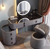 Meuble de chambre à coucher : Coiffeuse grise avec tabouret pour maquillage et cosmétiques